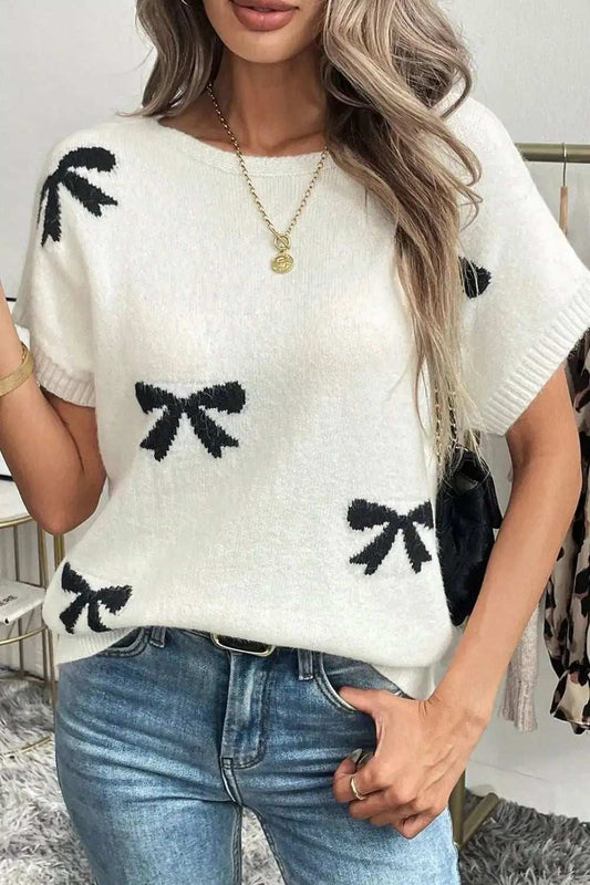 Bow Pattern Knit Short Sleeve Sweater - Trendsi - Flyclothing LLC