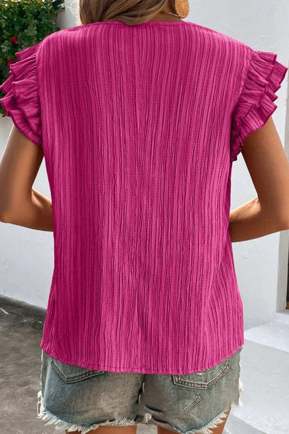 Ruffled Tie Neck Cap Sleeve Blouse - Trendsi - Flyclothing LLC