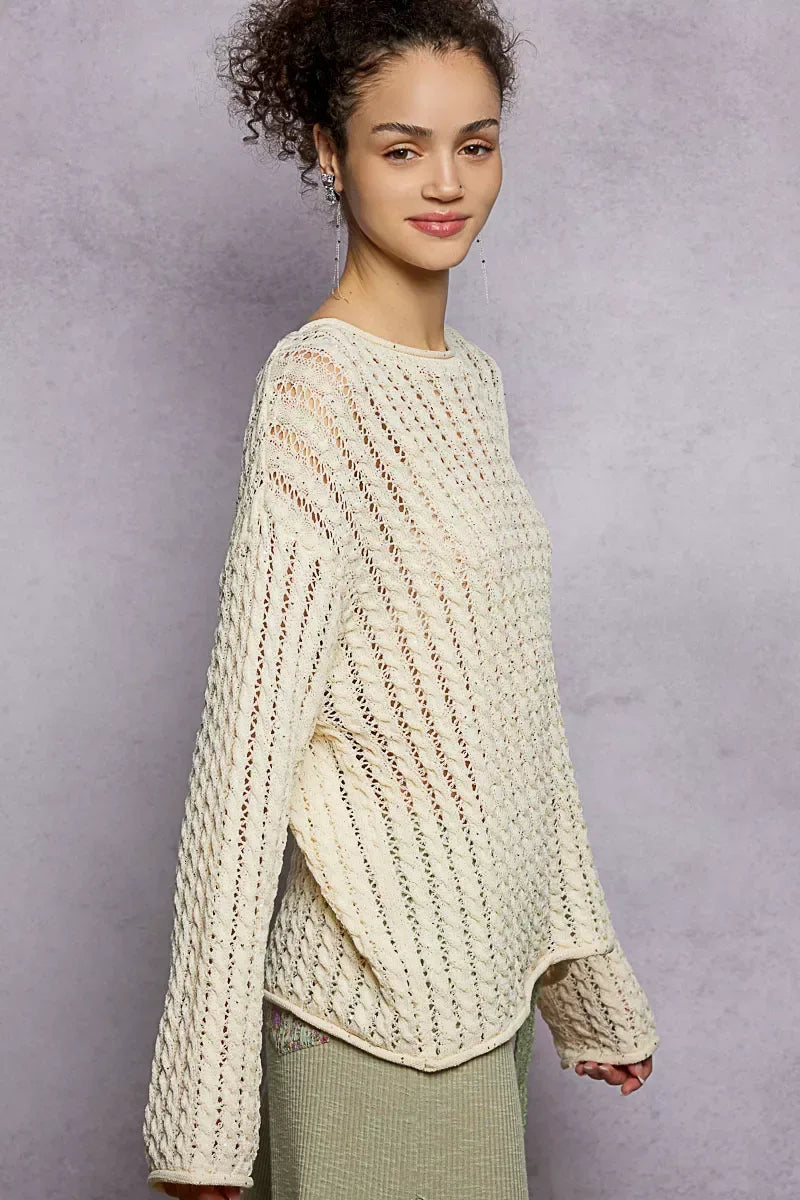 POL Openwork Round Neck Knit Top with Shiny Detail - Trendsi - Flyclothing LLC