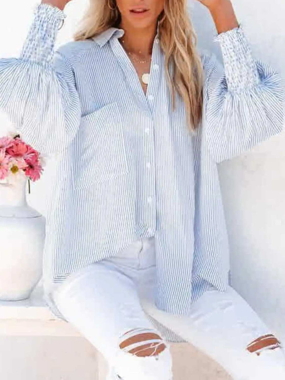 Striped Collared Neck Long Sleeve Shirt - Trendsi - Flyclothing LLC