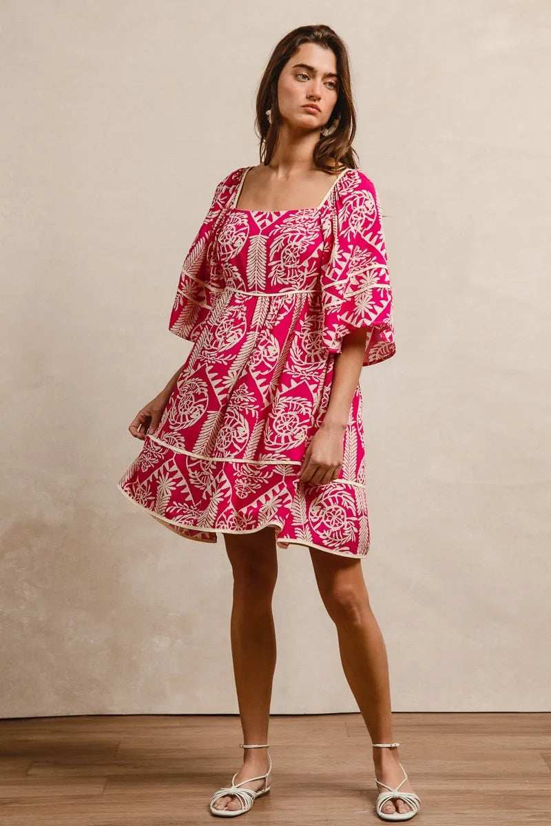 BiBi Aztec Woven Printed Contrast Binding Dress - Trendsi - Flyclothing LLC