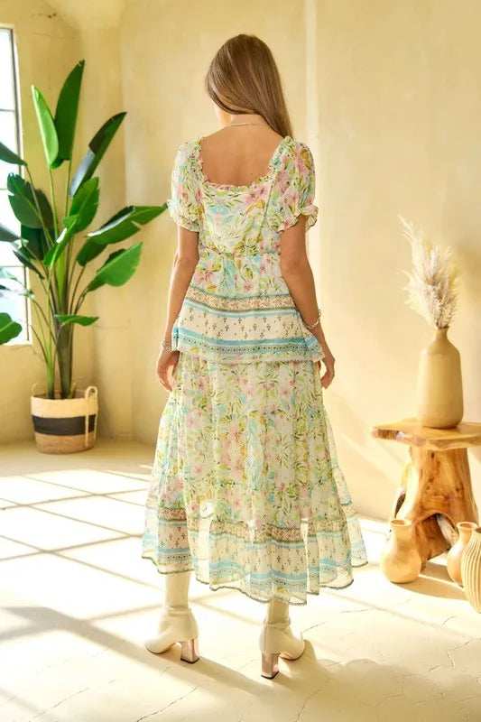 Davi & Dani Spring Floral Border Print Ruffled Textured Top - Trendsi - Flyclothing LLC