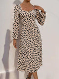 Tied Slit Printed Long Sleeve Midi Dress - Trendsi - Flyclothing LLC