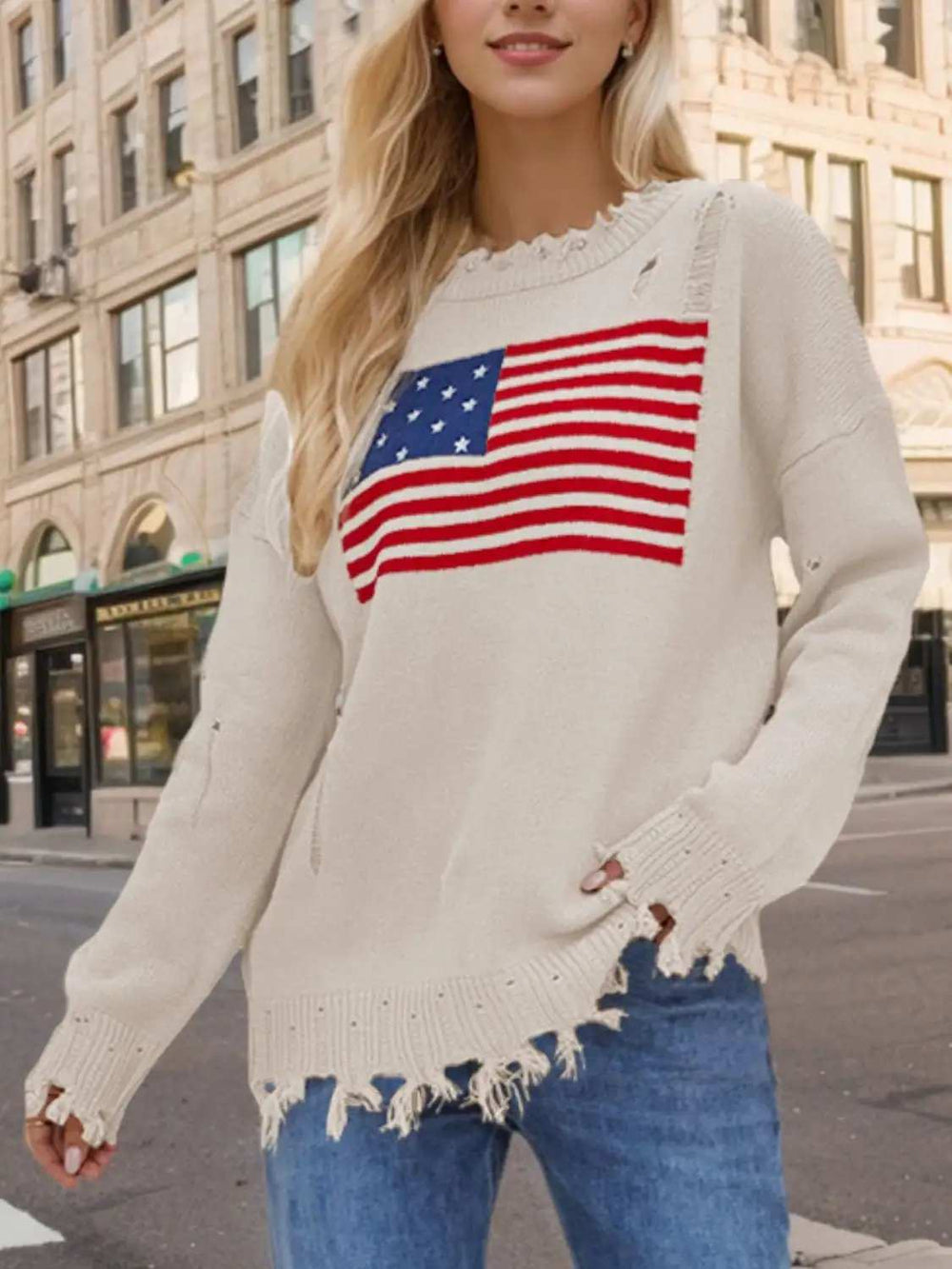 US Flag Distressed Round Neck Long Sleeve Sweater - Trendsi - Flyclothing LLC