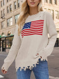 US Flag Distressed Round Neck Long Sleeve Sweater - Trendsi - Flyclothing LLC