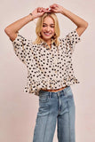 BiBi Polka Dot Printed Peplum Top with Front Button - Trendsi - Flyclothing LLC