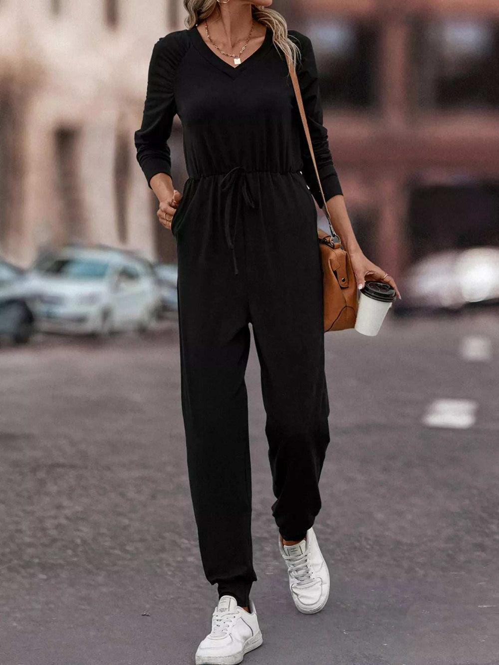 Casual Long Sleeve Drawstring Waist Jumpsuit - Trendsi - Flyclothing LLC