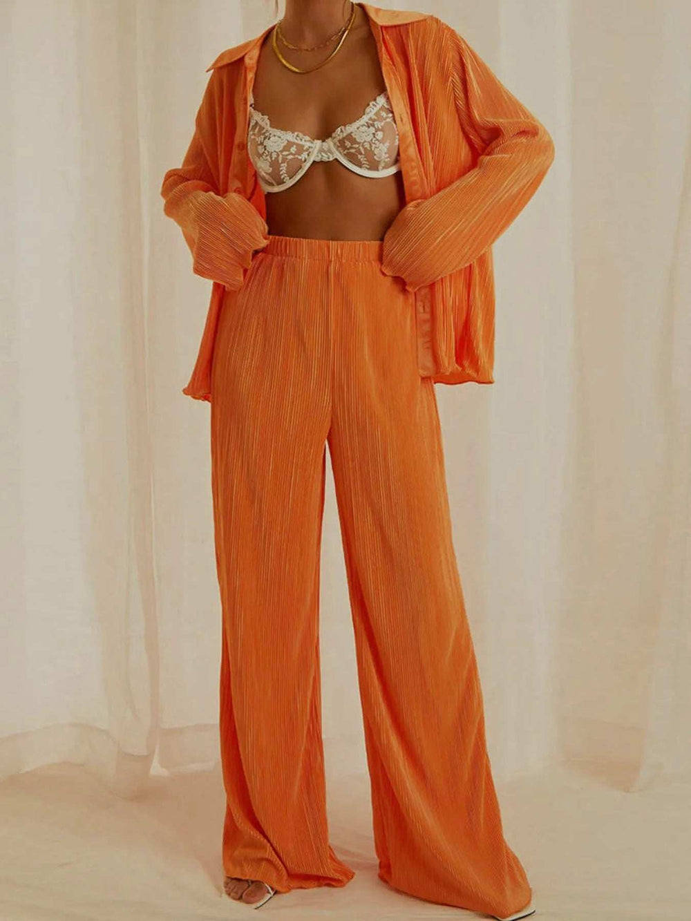 Button Up Long Sleeve Top and Pants Set - Trendsi - Flyclothing LLC