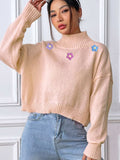 Flower Turtleneck Long Sleeve Sweater - Trendsi - Flyclothing LLC
