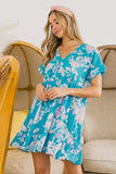 BiBi Floral Crinkle Shirred Ruffle Detail V Neck Dress - Trendsi - Flyclothing LLC