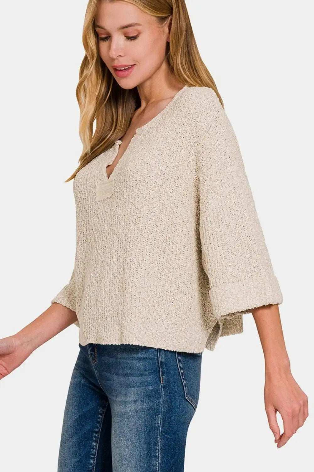 Zenana Notched Side Slit Patch Sweater - Trendsi - Flyclothing LLC