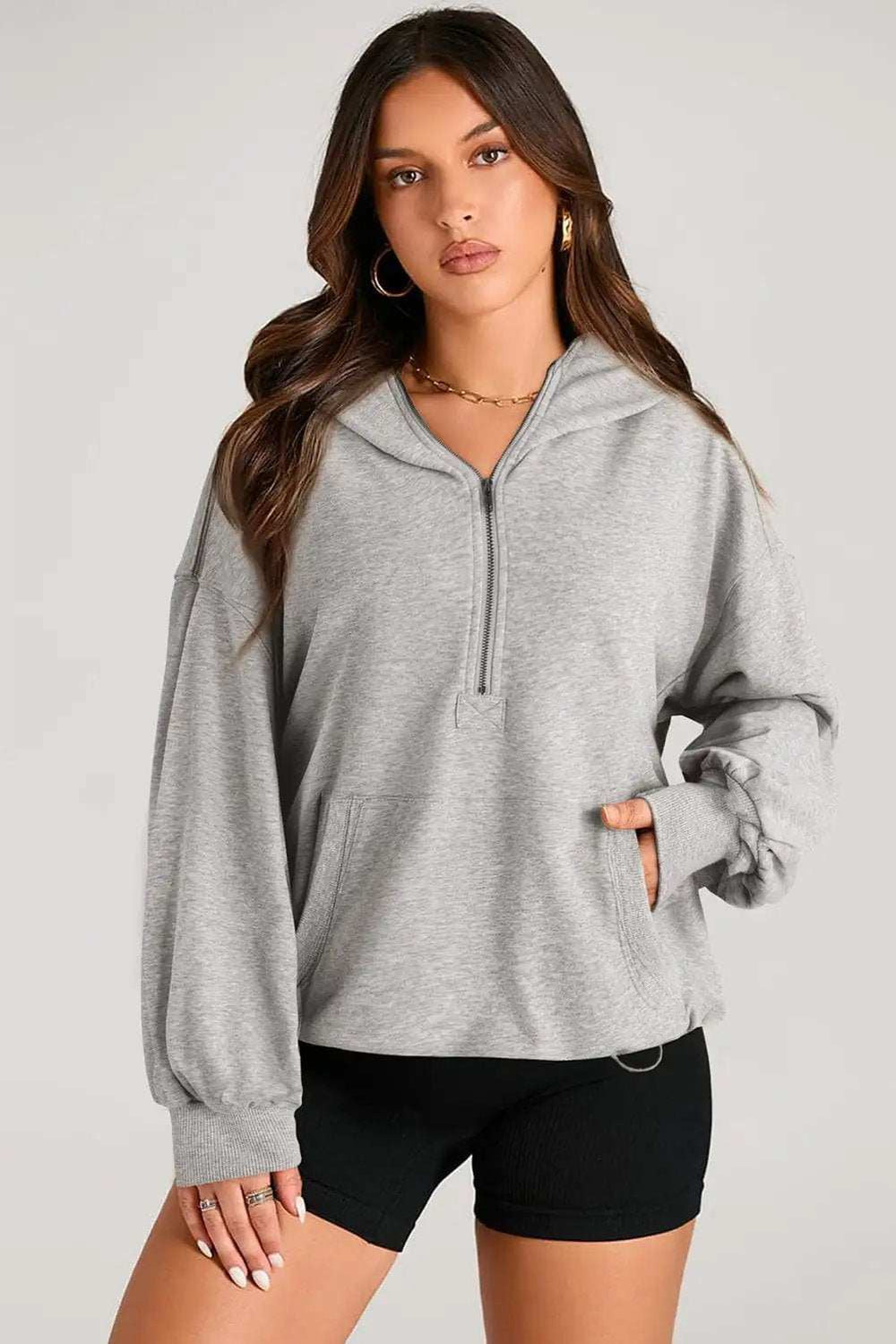 Pocketed Half Zip Long Sleeve Hoodie - Trendsi - Flyclothing LLC