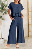 Peplum Round Neck Short Sleeve Top and Pants Set - Trendsi - Flyclothing LLC