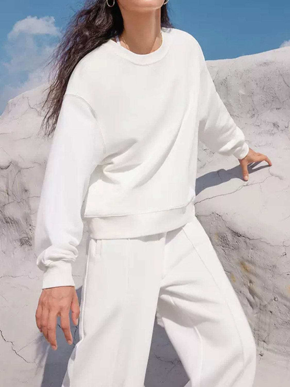Round Neck Long Sleeve Top and Elastic Waist Pants Set - Trendsi - Flyclothing LLC