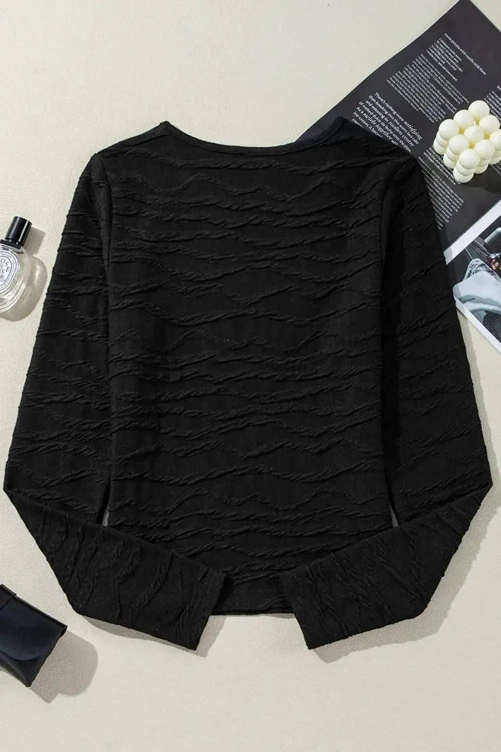 Textured Round Neck Long Sleeve Blouse - Trendsi - Flyclothing LLC
