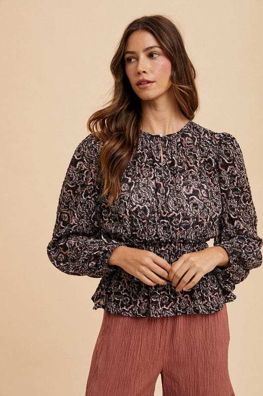 Annie Wear Abstract Print Balloon Sleeve Peplum Blouse - Trendsi - Flyclothing LLC