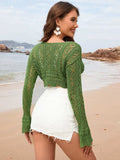 Drawstring Openwork Long Sleeve Cover-Up - Trendsi - Flyclothing LLC