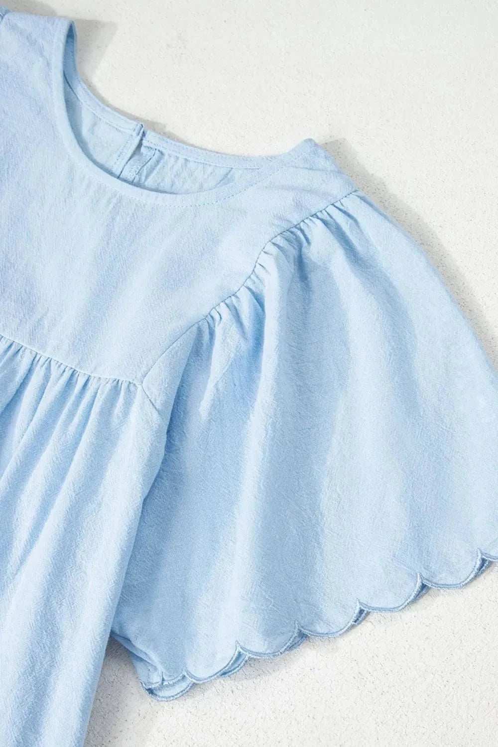Solid Color Embroidered Scalloped Sleeves Crew Neck Blouse - Trendsi - Flyclothing LLC