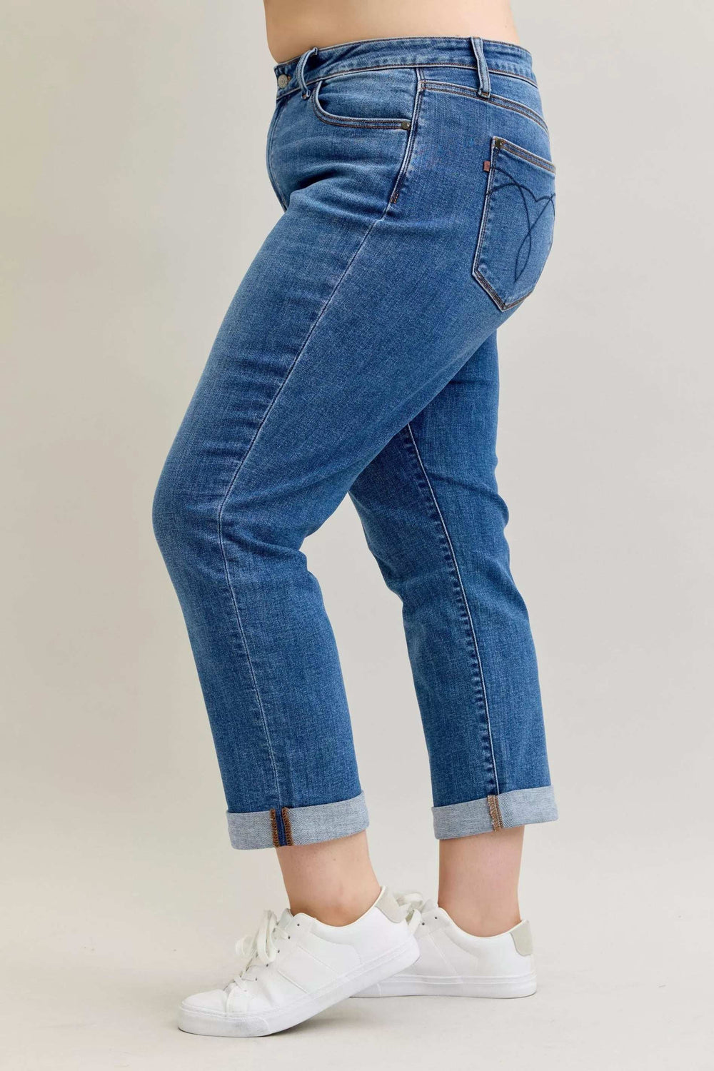 Judy Blue Full Size Mid Rise BF Classic Cuffed Jeans Plus Size - Trendsi - Flyclothing LLC