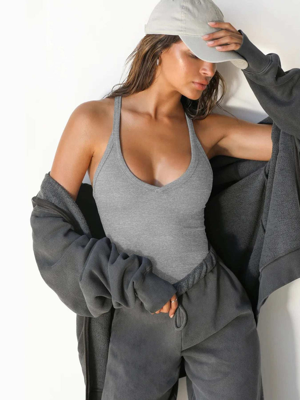 Ribbed V-Neck Halter Tank Top - Trendsi - Flyclothing LLC