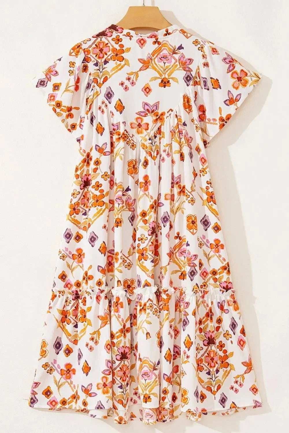 Printed Tie Neck Cap Sleeve Mini Dress - Trendsi - Flyclothing LLC