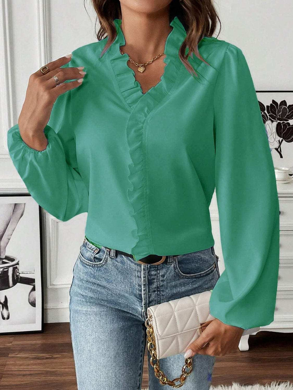Ruffled V-Neck Long Sleeve Blouse - Trendsi - Flyclothing LLC