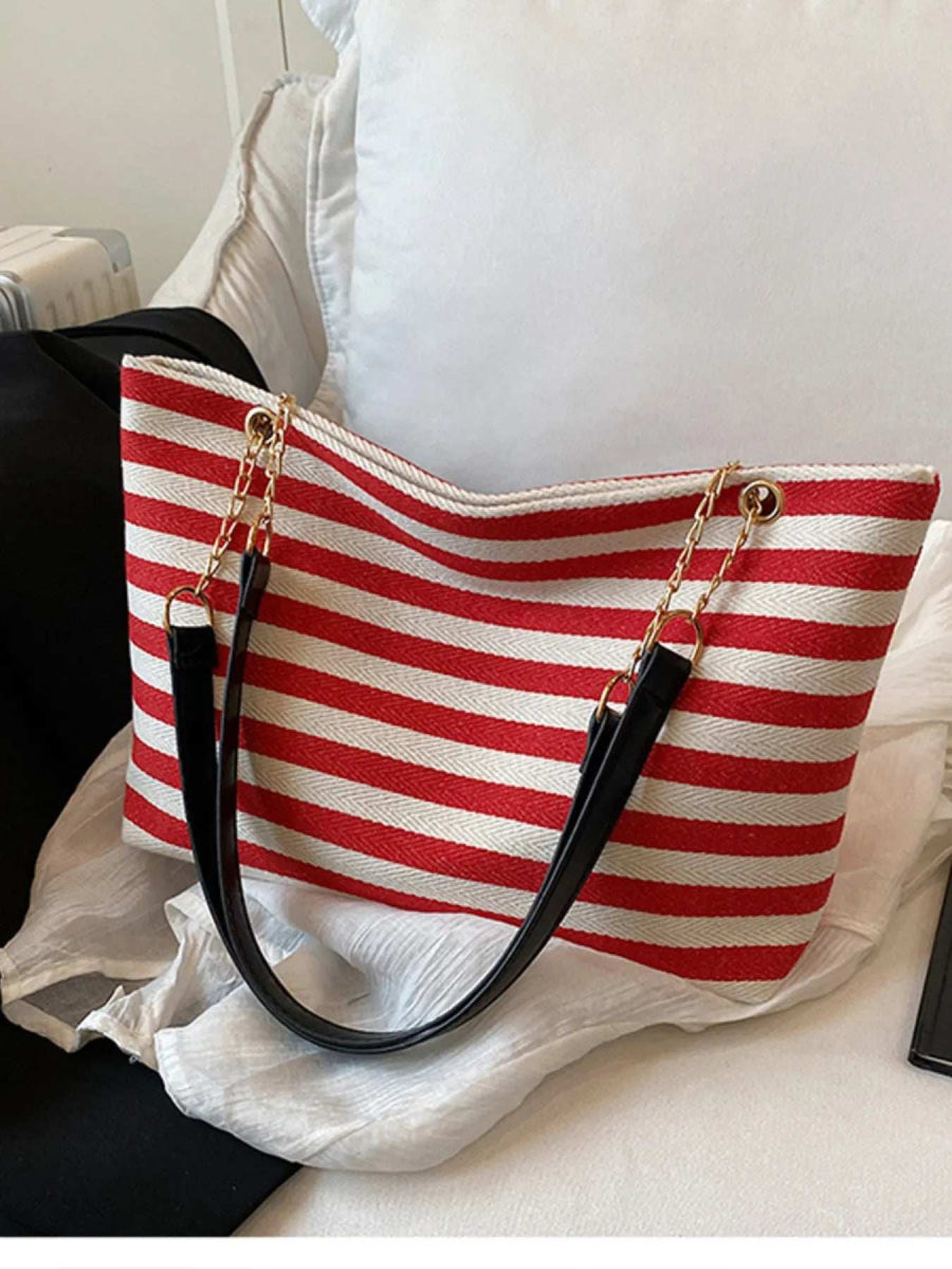 Striped Shoulder Bag with Chain Detail - Trendsi - Flyclothing LLC