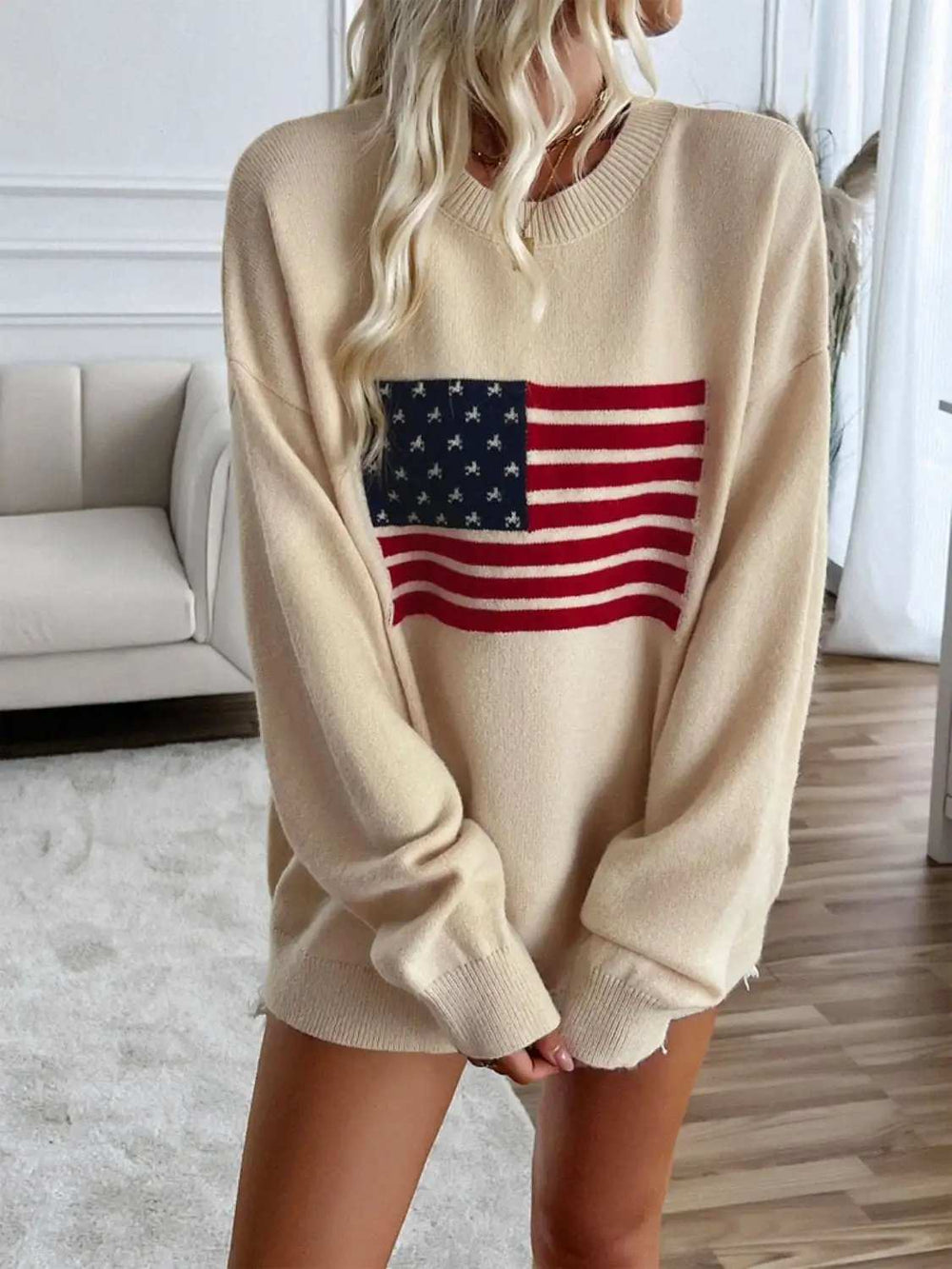 Devine US Flag Round Neck Long Sleeve Knit Top - Trendsi - Flyclothing LLC