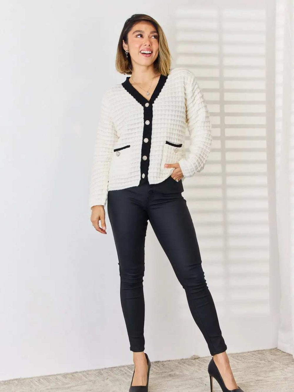 Contrast Trim Button Up Cardigan - Trendsi - Flyclothing LLC