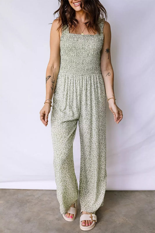 Smocked Bodice Square Neck Sleeveless Floral Jumpsuit - Trendsi - Flyclothing LLC