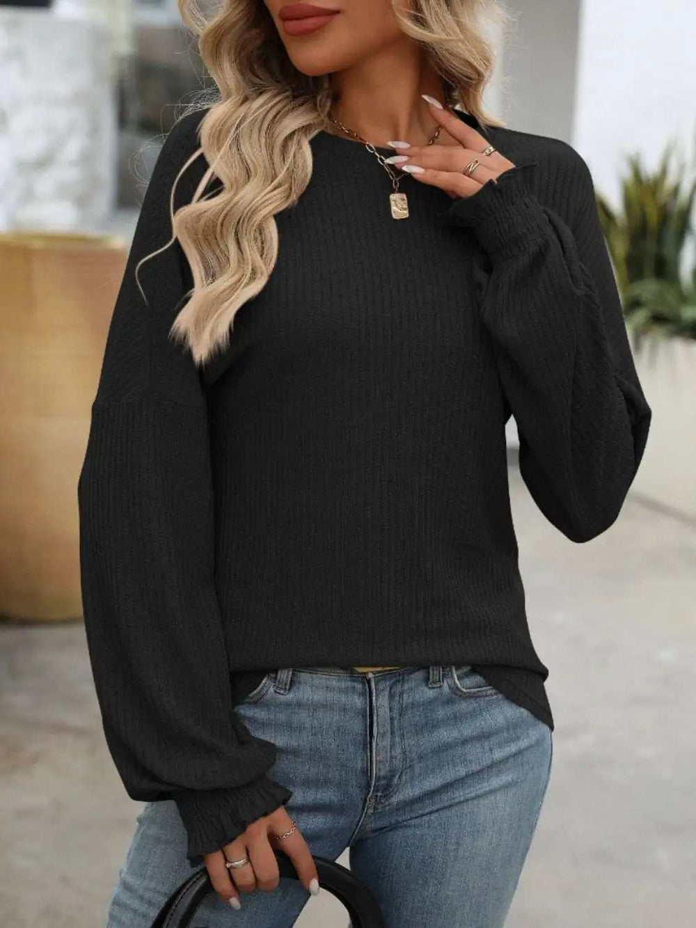 Ribbed Round Neck Long Sleeve T-Shirt - Trendsi - Flyclothing LLC