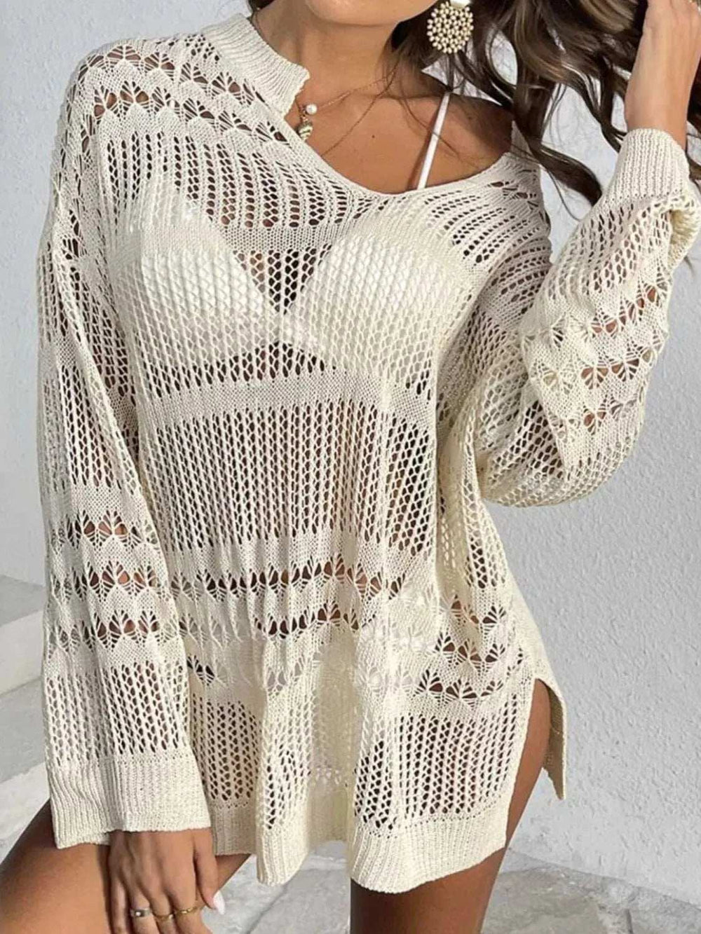Openwork Notched Long Sleeve Knit Cover Up - Trendsi - Flyclothing LLC