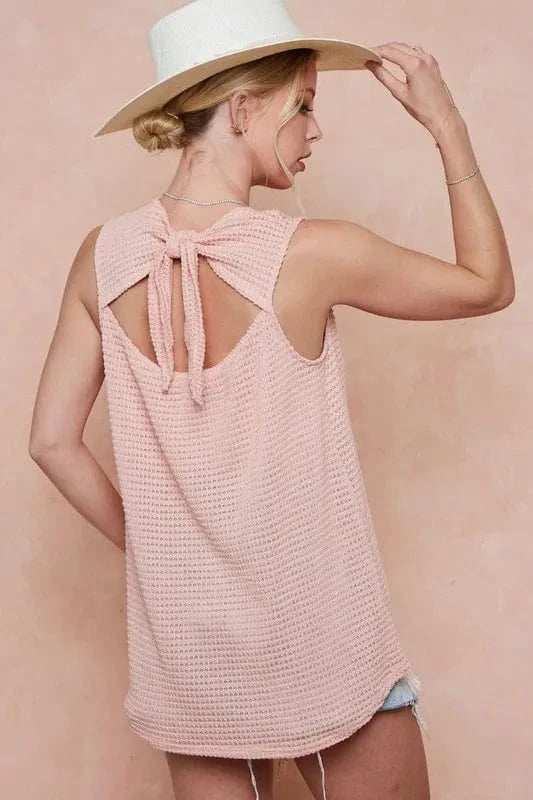 BiBi Popcorn Waffle Open Back Top with Tied Ribbon - Trendsi - Flyclothing LLC