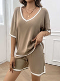 Contrast Trim V-Neck Top and Shorts Set - Trendsi - Flyclothing LLC