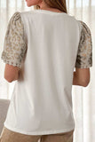 Leopard Patchwork Crochet Lace Trim Puff Sleeve T Shirt - Trendsi - Flyclothing LLC