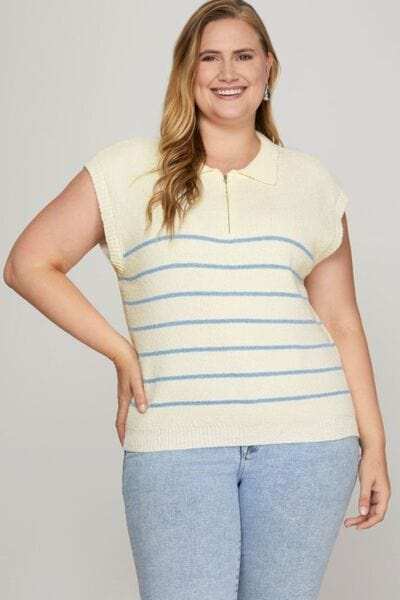 She + Sky Full Size Ribbed Hem Striped Half Zip Sweater Vest Plus Size - Trendsi - Flyclothing LLC