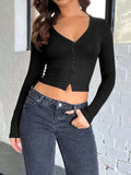 Buttoned V-Neck Long Sleeve T-Shirt - Trendsi - Flyclothing LLC