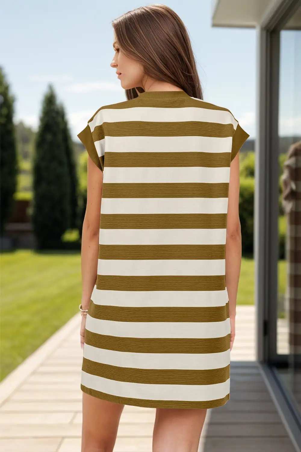 Striped Round Neck Cap Sleeve Mini Dress - Trendsi - Flyclothing LLC