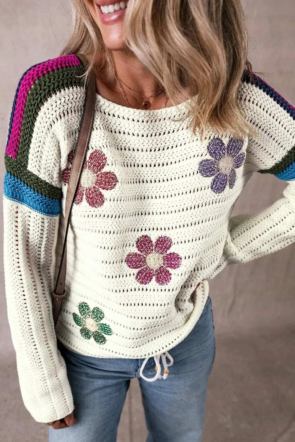 Flower Round Neck Long Sleeve Sweater - Trendsi - Flyclothing LLC