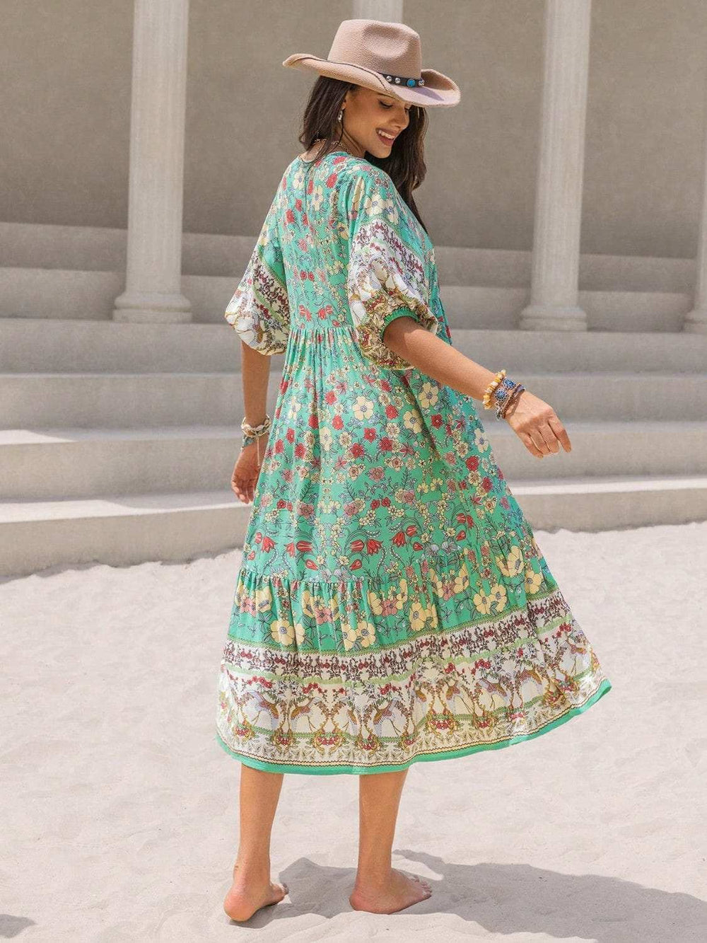 Ruched Printed Puff Sleeve Midi Dress - Trendsi - Flyclothing LLC