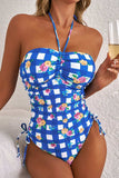 Floral Gingham Halter Neck Drawstring One Piece Swimwear - Trendsi - Flyclothing LLC