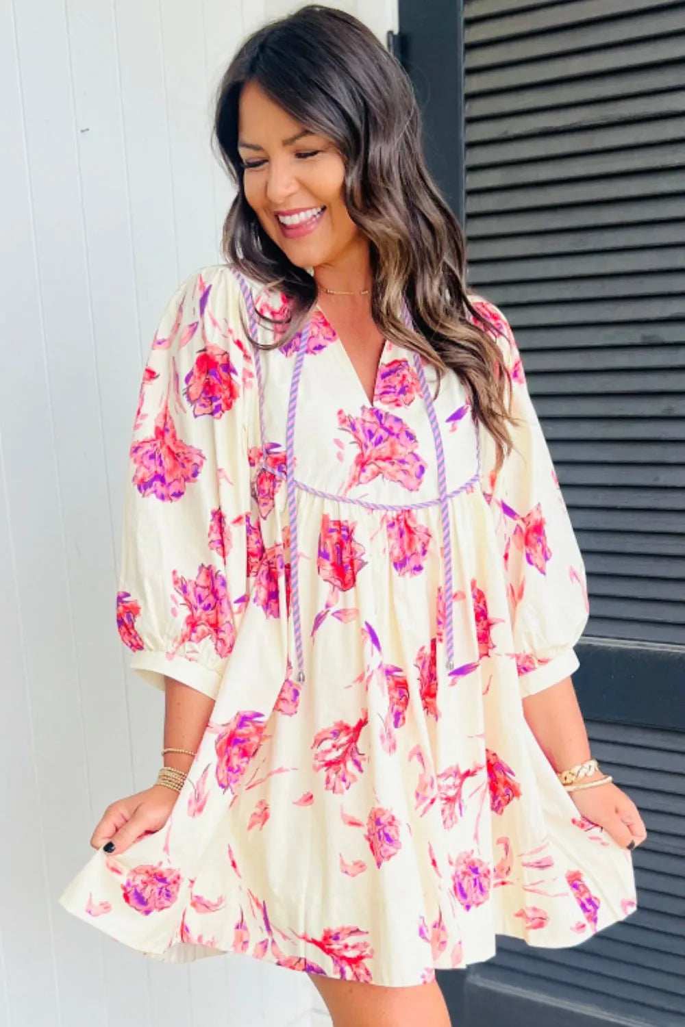 Tied Flower Printed Three-Quarter Sleeve Dress - Trendsi - Flyclothing LLC