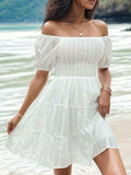 Smocked Eyelet Off-Shoulder Mini Dress - Trendsi - Flyclothing LLC