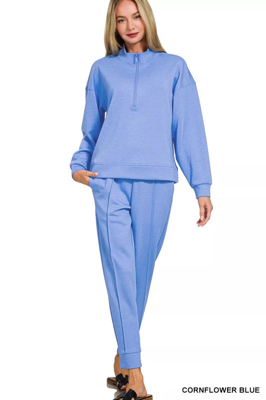 Zenana Scuba Half Zip Pullover and Jogger Set - Trendsi - Flyclothing LLC