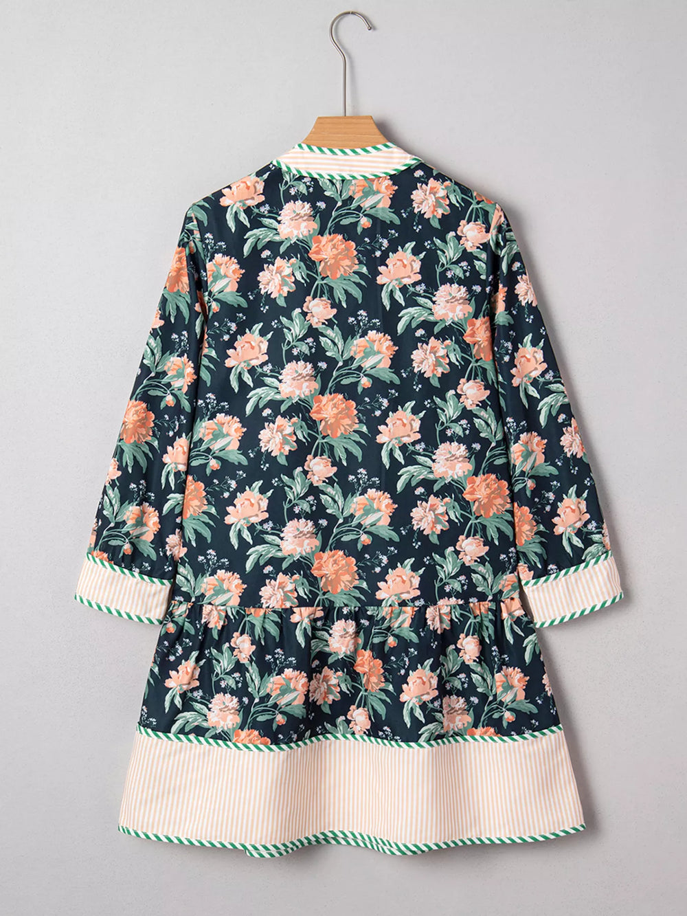 Floral Print Striped Trim V Neck Long Sleeve Ruffle Hem Shift Mini Dress - Trendsi - Flyclothing LLC