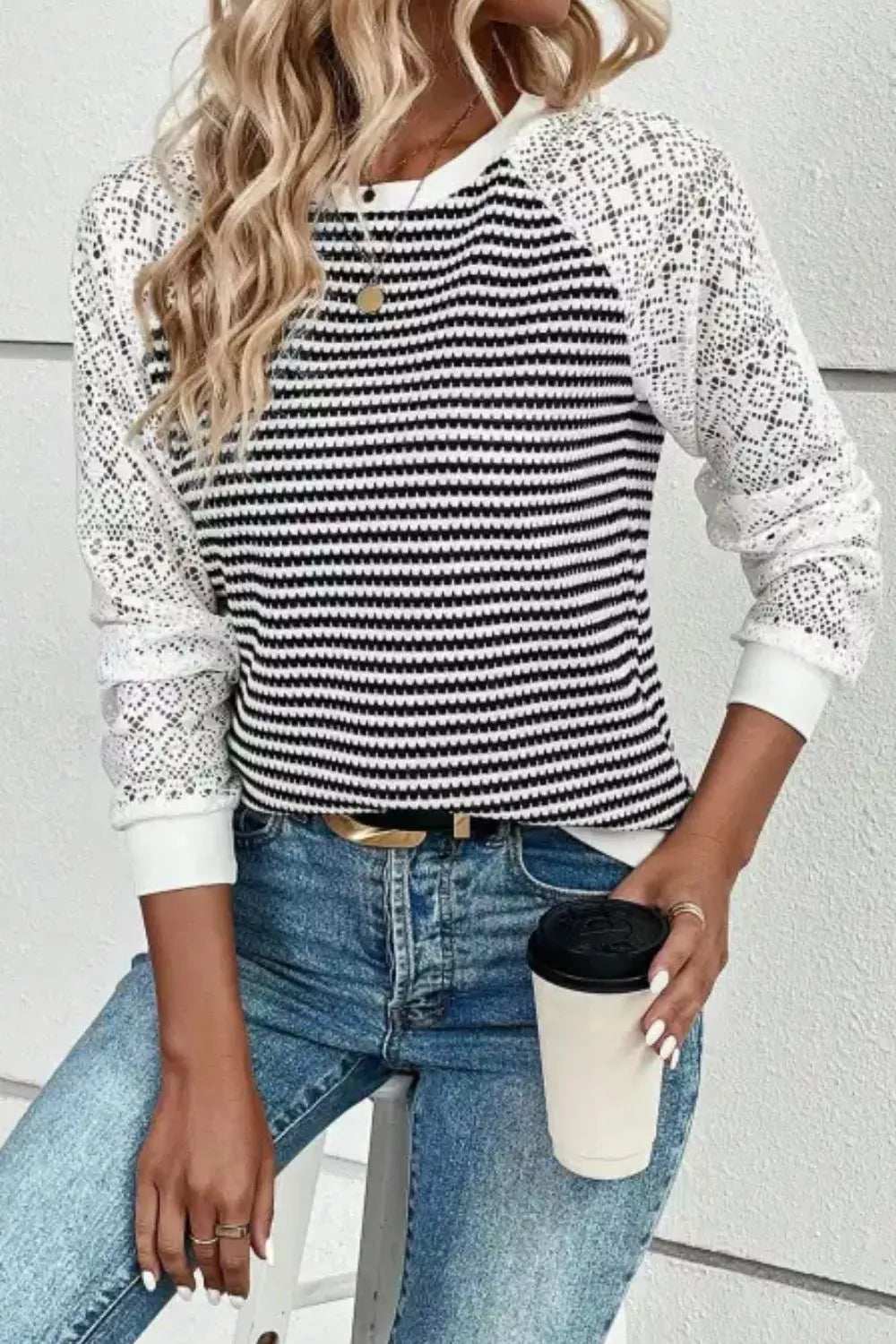 Striped Lace Raglan Sleeve Blouse - Trendsi - Flyclothing LLC