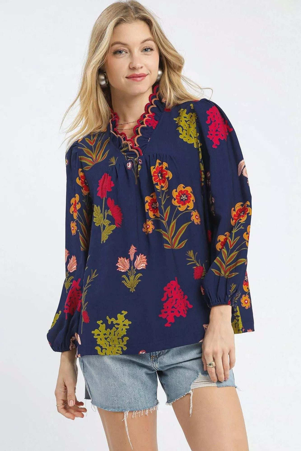Umgee Flower Print Blouse with Scalloped Neckline - Trendsi - Flyclothing LLC