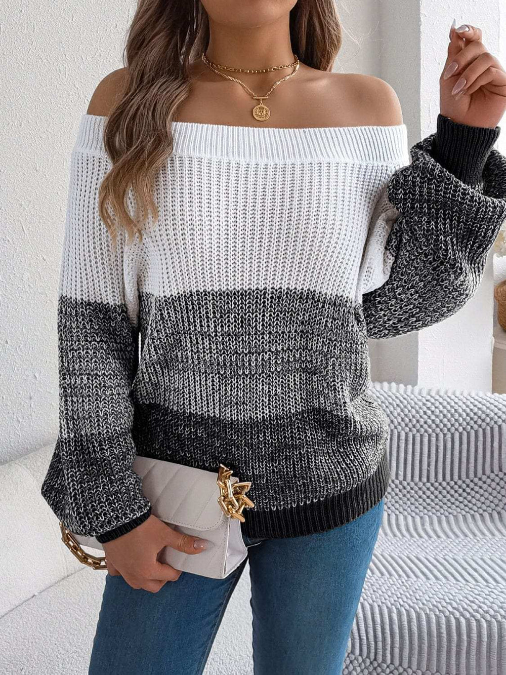 Color Block Off-Shoulder Long Sleeve Sweater - Trendsi - Flyclothing LLC