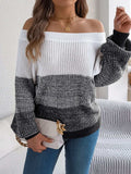 Color Block Off-Shoulder Long Sleeve Sweater - Trendsi - Flyclothing LLC