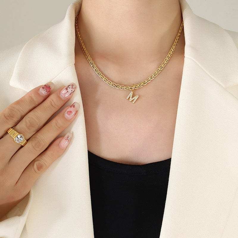 Brass Inlaid Zircon Letter Pendant Necklace - Trendsi - Flyclothing LLC